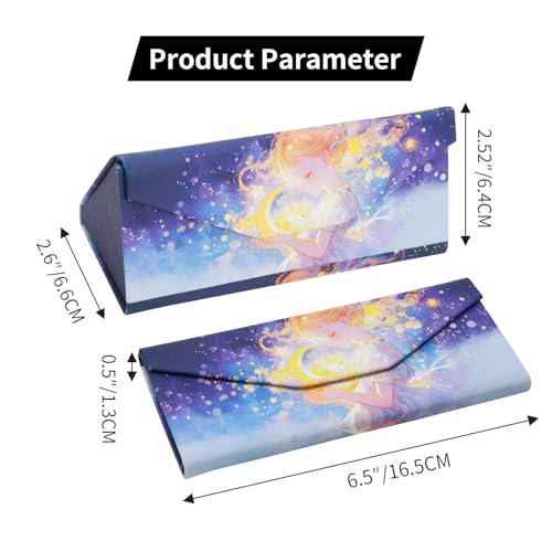 Foldable Glasses Case, Magnetic PU Leahter Sunglasses Case, Cute Hard Shell Folding Eyeglass Cases for Women Kids - color: Blue Dream