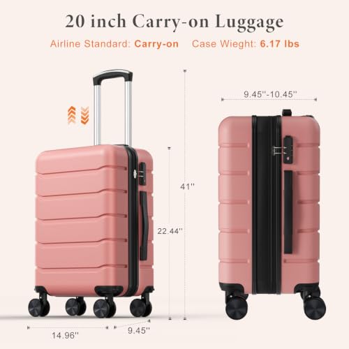 Sweetcrispy 20 Inch Carry on Luggage, Hard Shell Suitcase, Pink - color: Pink, size: 20 Inch