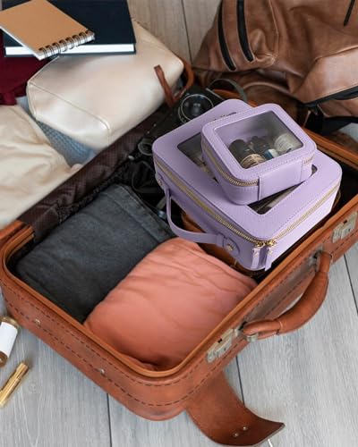 여행용 투명 메이크업 가방 세트, TSA 승인 화장품 가방 케이스 지퍼 포함 휴대용 메이크업 파우치 세면도구 가방 여행 화장품 정리함 보관 가방 자동차 정리함 자동차 필수품 - color: 미니 + XL 럭스 퍼플