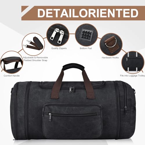 Felipe Varela 60L Canvas Duffle Bag for Men, Travel & Gym Carry on, Black - color: Black, size: 60L