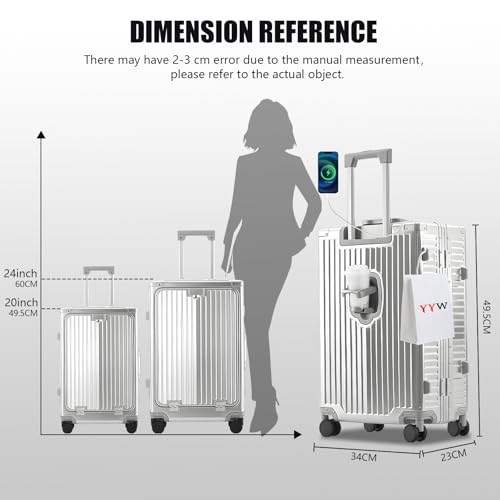 YYW All Aluminium Luggage With Spinner Wheels Lightweight PC hardside Rolling Suitcase, Built-In TSA lock Carry on Suitcase, with Cup Holder, USB Port, Phone Holder (Silver,24inch/39x25x65cm) - color: Silver, size: 24inch/39x25x65cm