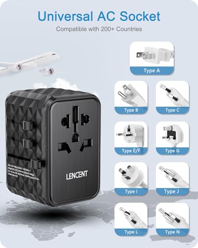 LENCENT 65W Universal Travel Adapter, GaN International Fast Charger - color: Black, size: 65W-2A2C(3 Fast Charger Ports)