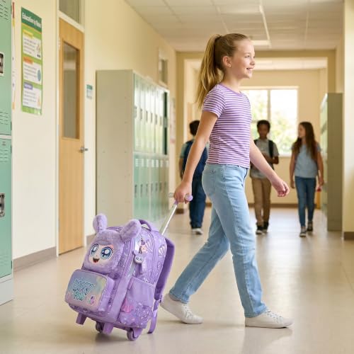 Girls Rolling Backpack for Kids with Wheels,Cute 3D Kids Rolling Backpack for School,Lightweight Kids Luggage for 6-8,Large Capacity BookBag with Wheels & Telescopic Handle - color: 3d Plush Cute Purple