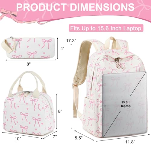 LEDAOU Backpack for Girls School Bag Kids Bookbag Teen Backpack Set Daypack with Lunch Bag and Pencil Case - color: A-bow Tie Beige