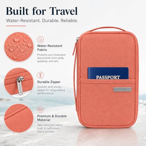 Travel Document Organizer with RFID, Family Passport Holder, Wallet for Women & Men, Portable & Waterproof Case for Cards, Boarding Pass, Tickets with Zipper 