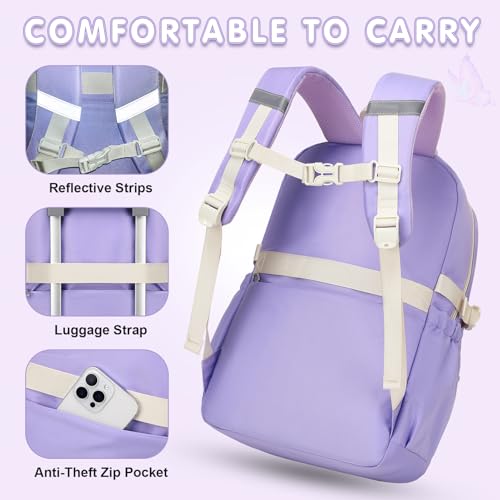 GeeWin Girls Backpack for School Cute Bow with Lunch Box & Pencil Case Set - color: Purple Beige