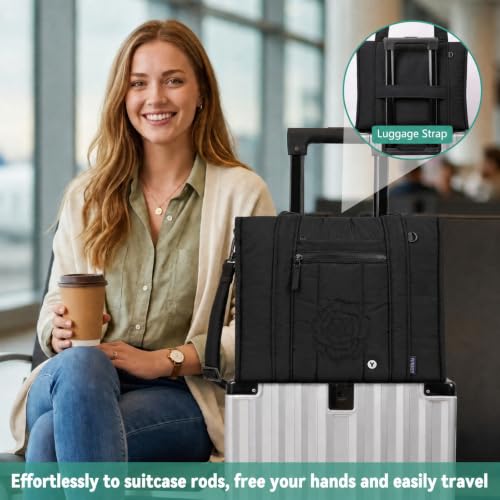 Puffer Tote Bag for Women, Lightweight Laptop Travel Tote Bags with Cup Holder & Trolley Sleeve for Work Gym - color: 02-black
