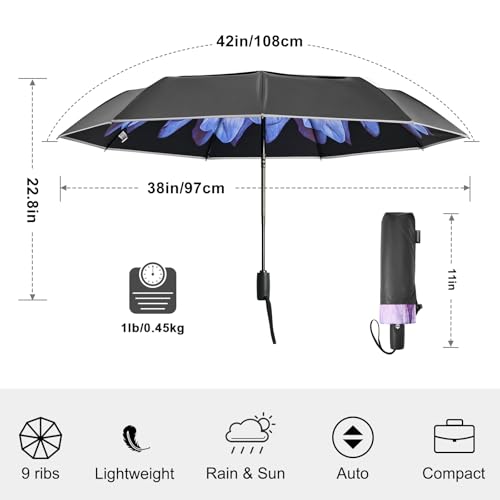 G4Free 42 Inch Eco Windproof Umbrella for Rain Strong Compact Umbrellas - color: Black/Purple Daisy