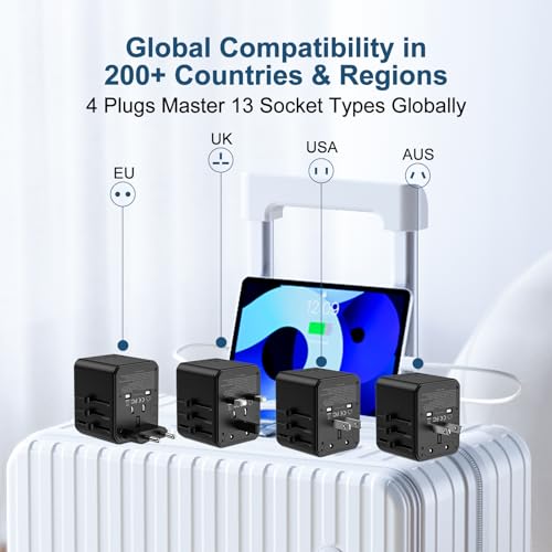 Power Adapter 17W, International Power Plug Converter with 2500W High Power Support, All-in-One AC Adapter for Europe UK US AUS, 2 USB-C + 2 USB-A Ports, Compact Travel Charger(Black)