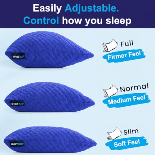 Sidney Sleep Adjustable Bed Pillow for Neck and Shoulder Support with Extra Shredded Fill - Cervical Contour Pillow for Side and Back Sleepers. Standard Size 19" x 26" CertiPUR-US Certified (Blue) - color: Blue, size: Standard (Pack of 1)