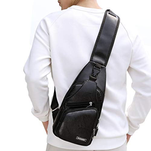 Leather Sling Bag Crossbody Backpack for Men Women Travel Outdoor Camping - color: #21black(pu/Usb)