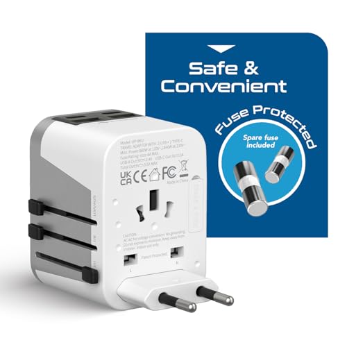Ceptics Universal Power Adapter - 2 USB-A + 2 USB-C with Universal Socket - color: Grey/White