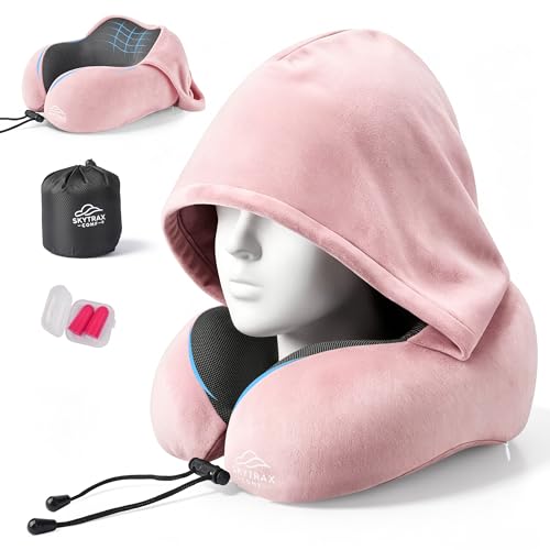 SkytraxComf® Travel Neck Pillow with Hood for Privacy on Long Flights - color: Pink