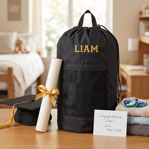 Personalized Laundry Bag Heavy Duty Custom Graduation University XL Bag Backpack with Hanging Shoulder Strap & Mesh Pocket - Back to School College Graduation Gift - Choose Your Font & Thread Color - color: Black