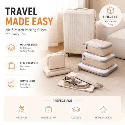 8 Piece Compression Packing Cubes Set for Travel, Large Capacity Space Saving Luggage Organizer with Double Zipper Compression, Shoe Bag, Toiletry Bag & Electronics Pouch, Beige