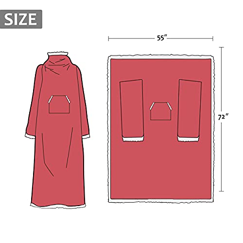 Catalonia Sherpa Wearable Blanket with Sleeves and Kangaroo Pocket - color: Wine, size: Kangaroo Front Pocket