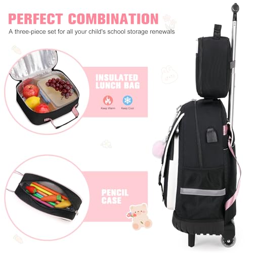 Bevalsa Rolling Backpack for Girls, 3PCS Roller School Backpack Set - color: Black White