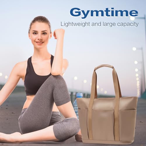 Waterproof Tote Bag with Zipper Foldable Beach Bag for Travel - color: Beige
