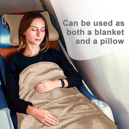 Travel Blanket and Pillow Compact, Premium Soft 2 in 1 Airplane Blanket with Soft Bag Pillowcase,Hand Luggage Sleeve and Backpack Clip (Brown) - color: Light Brown