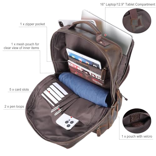Masa Kawa Brown Leather Laptop Backpack for Men 16 Inch Compute Work Bag - color: Dark Brown