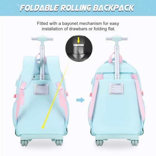 DIGOBAY Rolling Backpack for Girls with Lunch Bag & Pencil Case - color: Quamarine-pink