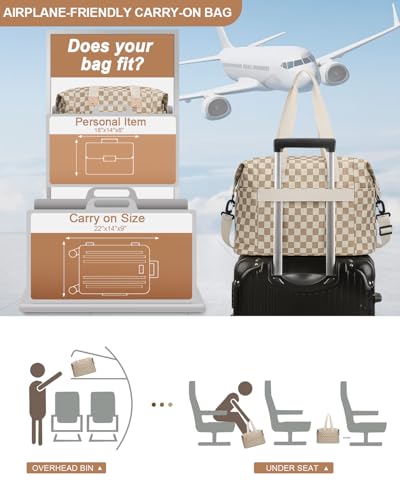 Pritent Travel Duffle Bag, Weekender Overnight Personal Item Carry On Bag - color: Khaki Square Grid, size: Medium