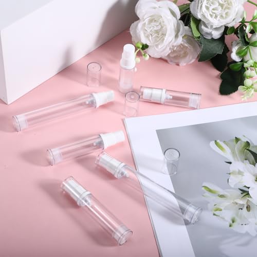 12pcs Airless Travel Pump Bottle, Mini Spray Bottle Refillable Clear Travel Pump Bottles Plastic Press Lotion Travels Container for Lotion Foundation Perfume DIY Creams(5ml 10ml 15ml)