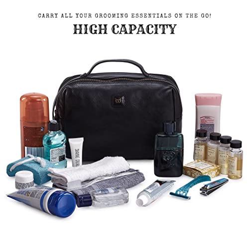 Leather Toiletry Bag Dopp Kit for Men Women Travel Shaving Pouch Organiser - color: Black