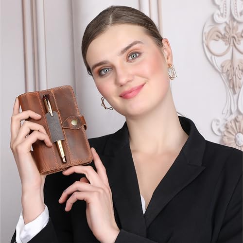 Genuine Leather Refillable Field Notes Cover 3.5 x 5.5 | Handmade Distressed Pocket Journal & Travel Diary Cover with Card Slots, Pen Loop & Passport Pocket Planner Case - color: Tan