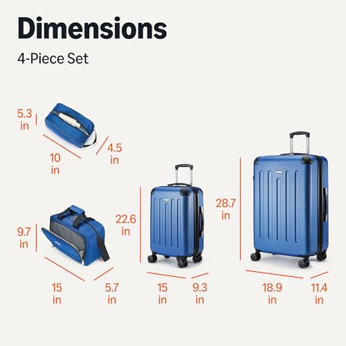 Amazon Basics 4-Piece Hardside Luggage Set with Multidirectional Spinner Wheels, 22" Carry-On, 28" Checked Suitcase, 15" Tote Bag and 10" Travel Case, Navy Blue - color: Navy Blue, size: 4-Piece Luggage Set