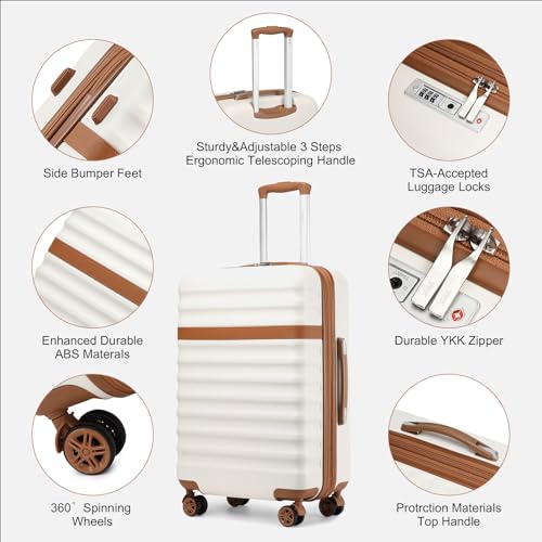 Kono Checked Luggage 24in Expandable Spinner TSA Lock ABS+PC Cream - color: Cream White, size: Checked-medium 24-inch