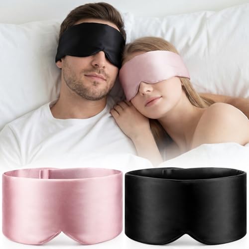 Bonuci 2 Pack Silk Sleep Mask for Side Sleepers & Couples, 100% Mulberry Silk, Adjustable No-Slip Strap, Soft Padded Eye Cover Blindfold for Blackout Women Men Gift Sensitive Skin Travel, Pink/Black