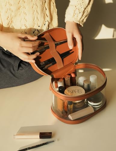Popvibe Travel Makeup Case Clear Vanity Bag with Brush Holder, Compact Leather Train Case Brown Make Up Bag Storage Organizer Luxury Cosmetic Case Travel Essentials Cute Portable with Handle - color: Brown, style: Train Case