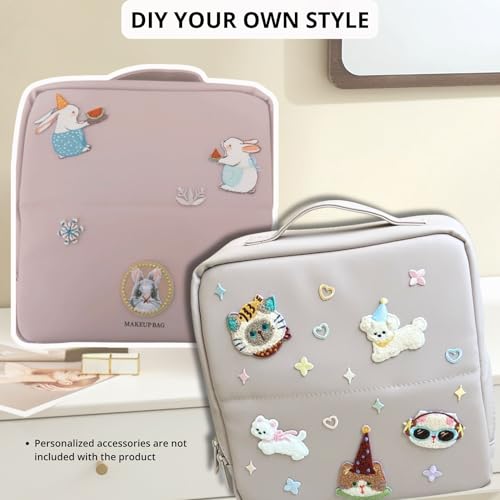 tianzong Travel Makeup Bag with Magnetic Fold-Down Flap, Waterproof Leather Cosmetic and Toiletry Organizer for Women, Multi-Zone Standing Storage, Cream, Large - color: L-Cream