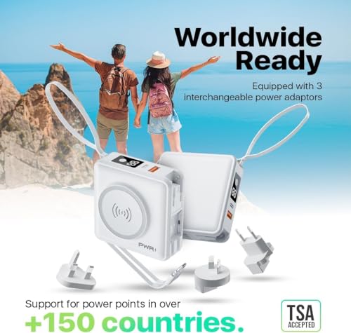 PWRMobile PWR Travel PRO 5-in-1 보조 배터리 - 내장 케이블 포함 10,000mAh - 20W USB-C + 15W 무선 충전 - 아이폰 및 안드로이드용 컴팩트 휴대용 충전기 - 화이트 - color: 화이트.