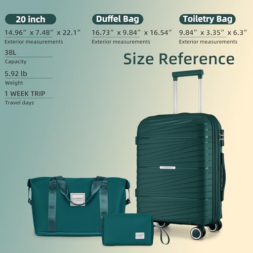 LARVENDER Carry On Luggage 22x14x9 Airline Approved, Suitcases with Wheels - color: Dark Green, size: 3 Piece Set (20/DB/TB)