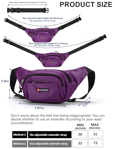 Fanny Pack Men Women Plus Size with Extender Strap 70" Waist Bag - color: Purple