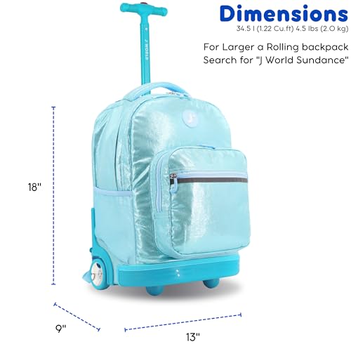 J World Sunrise Kids Rolling Backpack with Wheels for Girls Boys, Roller Bookbag for School, 18 x 13 x 9 Inches, Metallic Teal - color: Metallic Teal