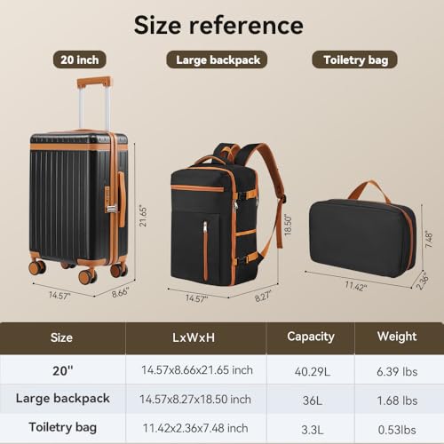 3 Piece Carry On Luggage Set with Backpack, Black-Brown | PC+ABS Travel Suitcase Sets Hardshell Rolling Luggage Lightweight Durable - color: Black-Brown, size: 20''/BP/TB