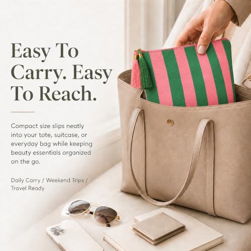 Cosmetic Bag for Women, Pink and Green Stripe Canvas Makeup Bag, Travel Toiletry Organizer - color: Pink and Green Stripe