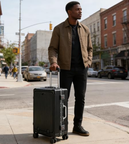 feilario PC Hardside Carry On Luggage, Aluminum Frame, TSA Lock, Cup Holder - color: A2-Jet Black (zipperless closure), size: 20.8"