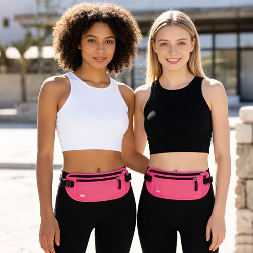 FuninCrea Waterproof Hidden Money Belt for Travel, Anti-Theft Belt Bag with RFID Blocking Function Adjustable Slim Waist Bag with 2 Zipper Pockets & 1 Back Pocket for Travel Running (B, Hot Pink) - color: B, Hot Pink