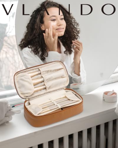 VLANDO Travel Makeup Bag with Separate Brush Storage,Brown - color: 01-Pebbled Brown
