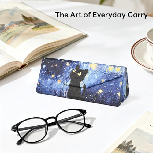 Sunglasses Case, Foldable Glasses Case, Magnetic PU Leather Hard Shell Folding Eyeglass Holder Box - color: Van Gogh Cat