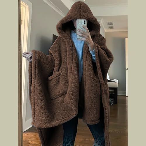 Wearable Blanket Sherpa Poncho Office Work Warm Cozy Shawl Blanket,Plush Cape Wrap for Adults - color: Dark-brown