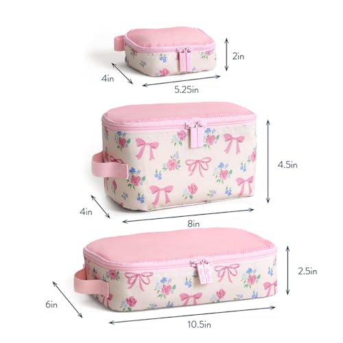 Itzy Ritzy Packing Cubes for Travel, Set of 3 Organizers (Ribbons & Roses) | Each Cube Features a Breathable Mesh Top, Smooth Double Zippers, and a Convenient Fabric Handle For Easy Packing and Carrying - color: Ribbons & Roses