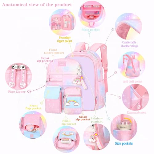 Jcobvig 3Pcs Girls Rainbow School Backpack with Lunch Bag for Elementary - color: Purple, size: Large