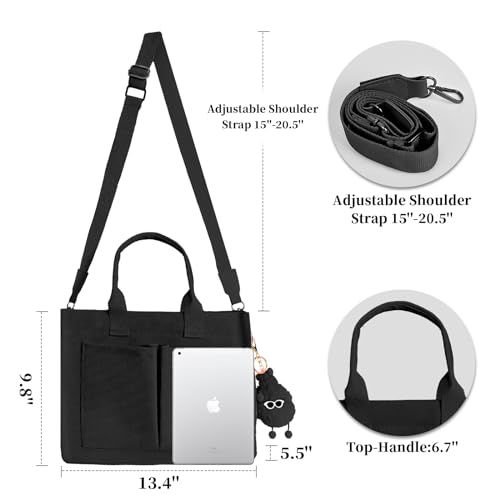 Gosect Women’s Canvas Multi-Pocket Tote Bag, Convertible Laptop Work Crossbody Shoulder Bag for Travel, Nurses & Teachers - color: Medium-black