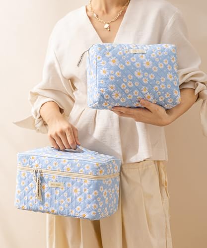 HBselect Quilted Makeup Bag, 3Pcs Cotton Large Travel Makeup Bags Organizer - color: A-3PCS-Daisy