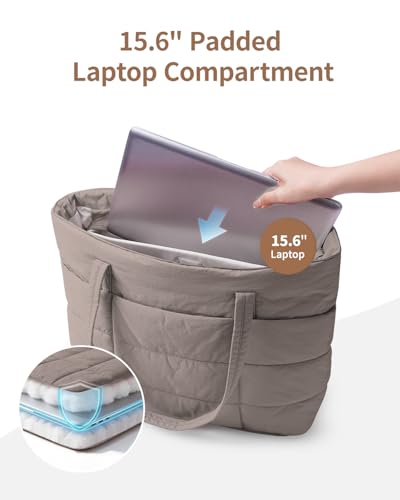 Narwey Nylon Puffer Tote Bag for Women, Quilted Travel Gym Nurse Work Bag - color: Mocha Brown